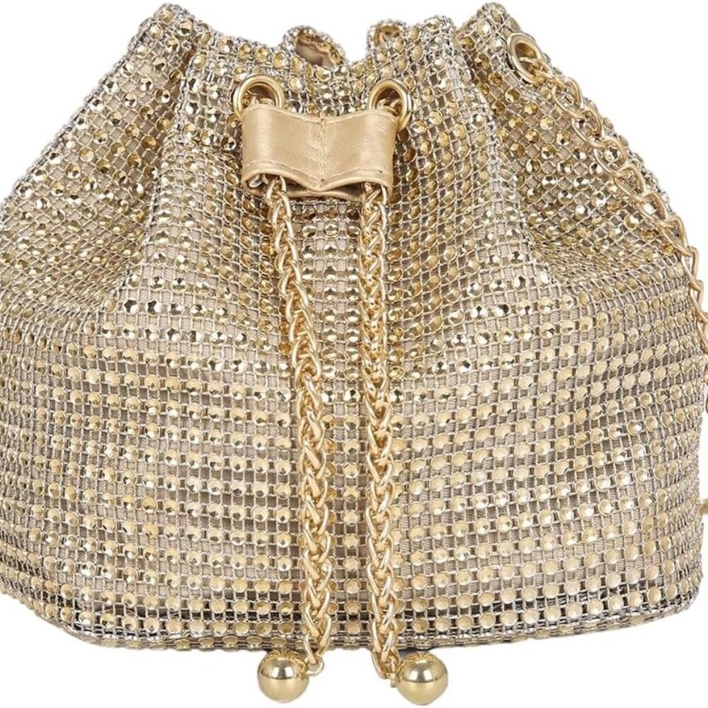 Women's Rhinestone PVC Crossbody Purse Mini Drawstring Bucket Bag for Evening